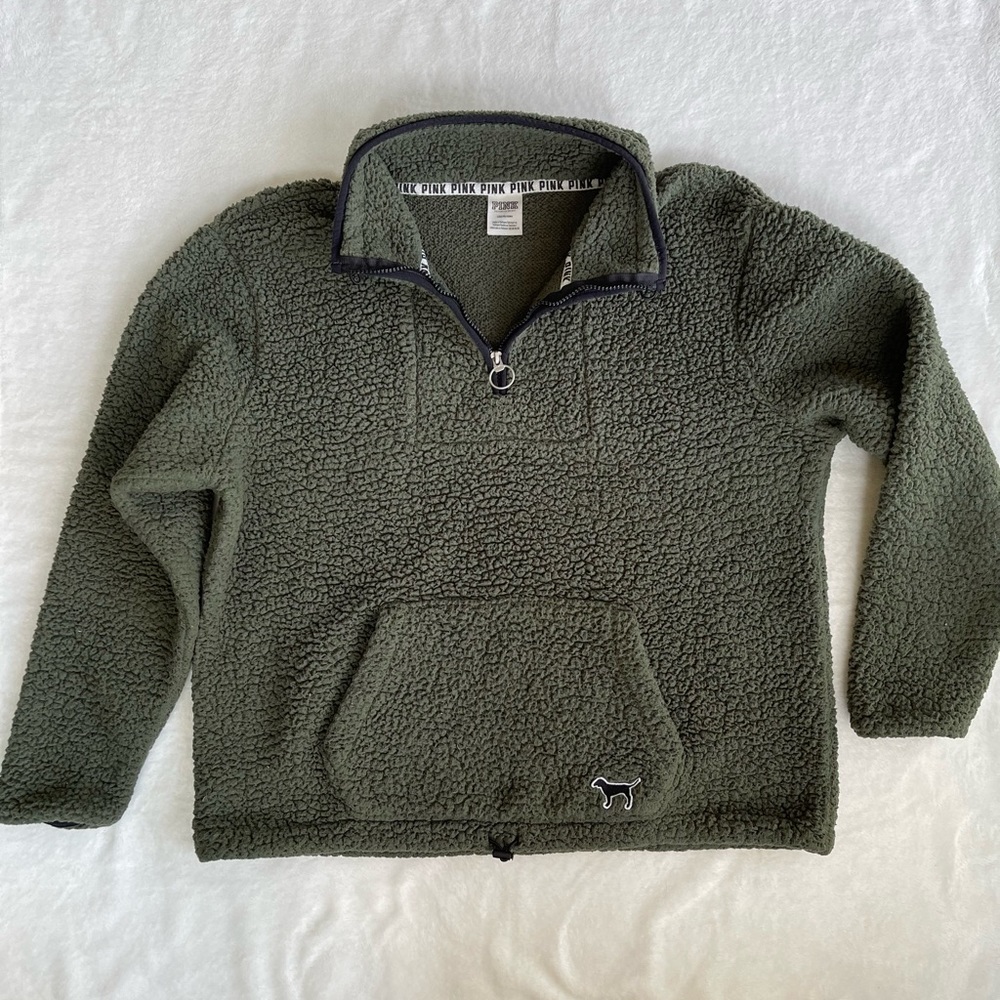 Victoria Secret PINK olive green oversized half zip Sherpa size large